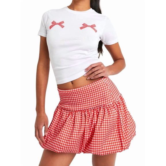 Women'S Gingham Bubble Mini Skirts - Bow- Cute Holiday Short Skorts Red S
