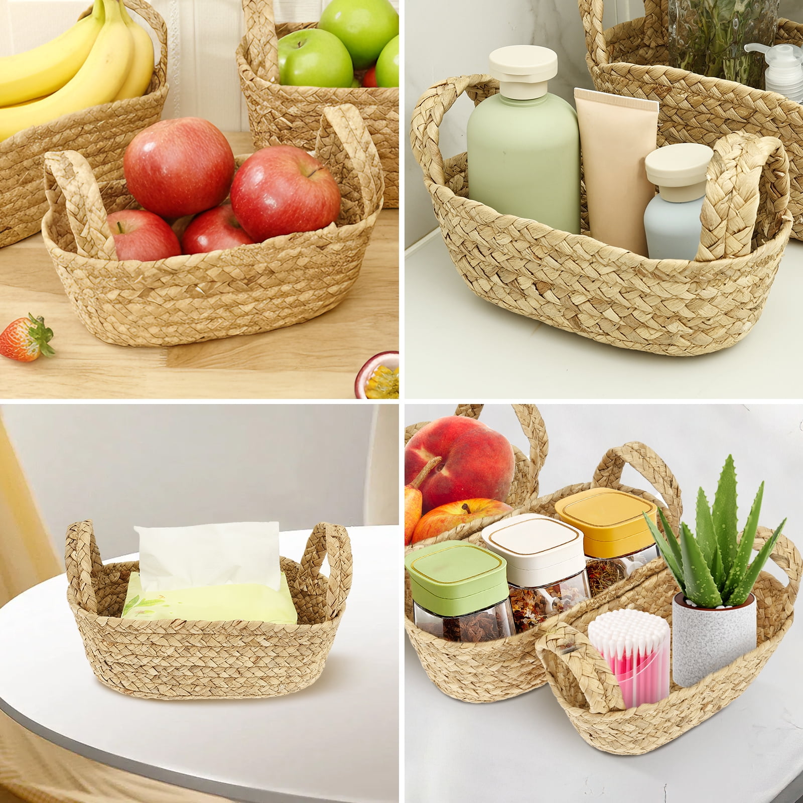 FKSZLL 4Pcs Woven Storage Basket with Handle Decorative Baskets for Shelves Decor Hemp Rope Storage Baskets Bin for Organizing Fruit Vegetable Snacks