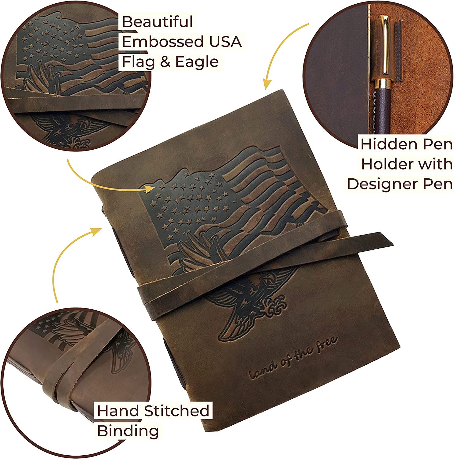 Leather Bound Journal for Men and Women, Handmade Patriotic Gift Set with USA Flag and Eagle Embossed Journal and Stylish Pen, Vintage Notebook, Sketchbook, Planner and Diary A5 (300 Pages) (7x5")