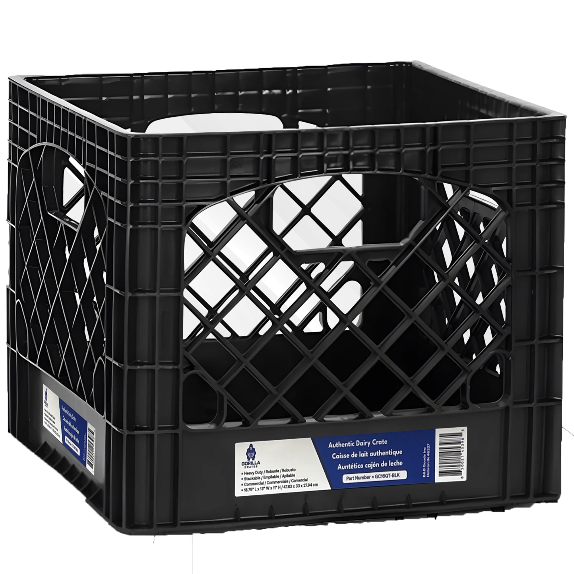 Gorilla Crates: Milk Crate: 16 Qt - Black - 13x13x11" Multi-Purpose Storage Solution, Stackable Organization, Heavy-Duty Plastic Bin, Built-In Handles