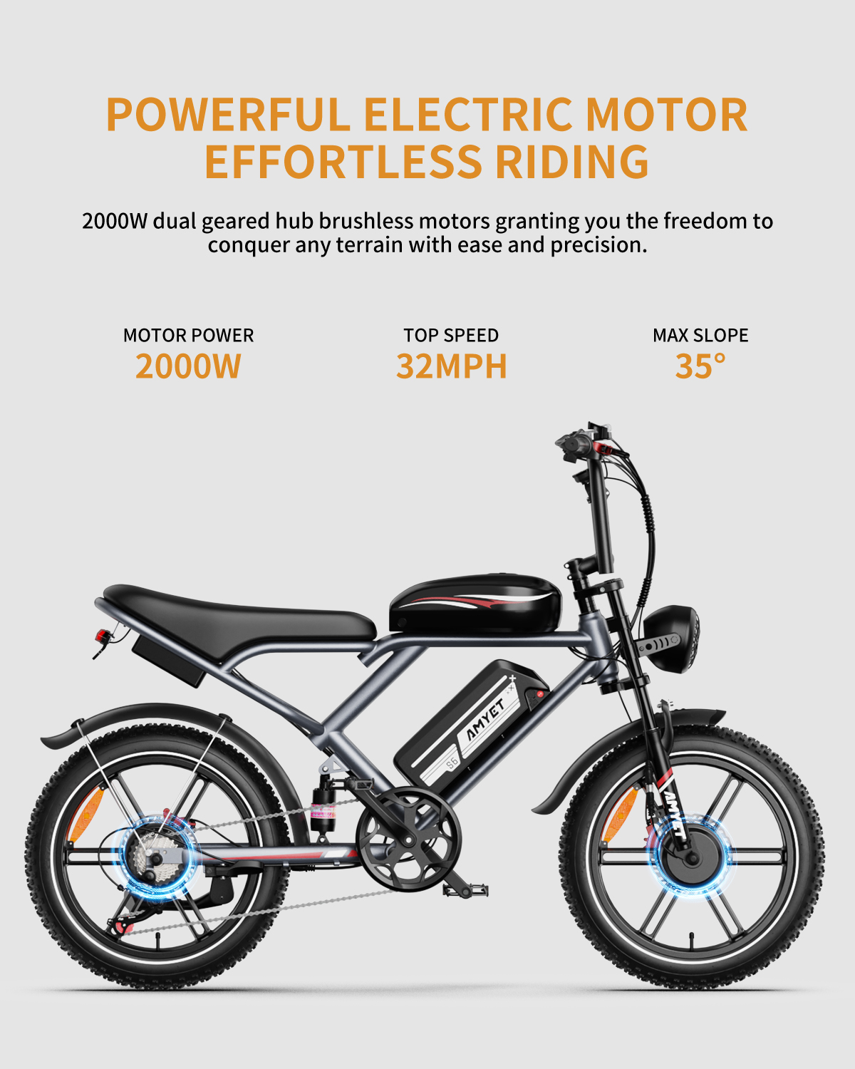 AMYET S6 Electric Bike for Adults Dual Moter Peak 3000W, 52V 50AH Removable Dual Battery, 140/75 Miles,32MPH Ebike, 20" Fat Tire Electric Motorcycle Bike