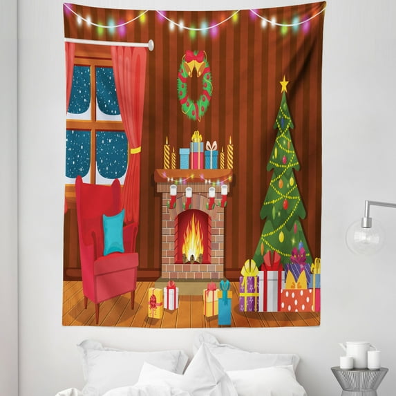 Cozy Tapestry, Christmas in Winter Night Happy Cartoon Noel Inspired Flourish Room, Fabric Wall Hanging Decor for Bedroom Living Room Dorm, 5 Sizes, Multicolor, by Ambesonne