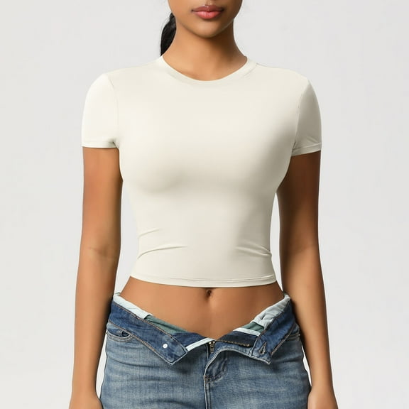 tarylea Workout Tops for Women Short Sleeve Slim Fitted Crop Top Casual Stretch Yoga Gym Running Solid Color Dailywear Tops