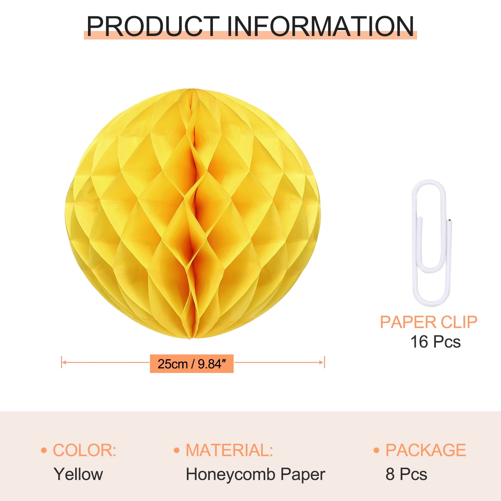 Uxcell 8 Pcs Honeycomb Balls, 10" Dia Honeycomb Flower Paper Pom Poms Paper Flowers Crafts for DIY Crafting Home Decor Birthday Christmas Party, Yellow