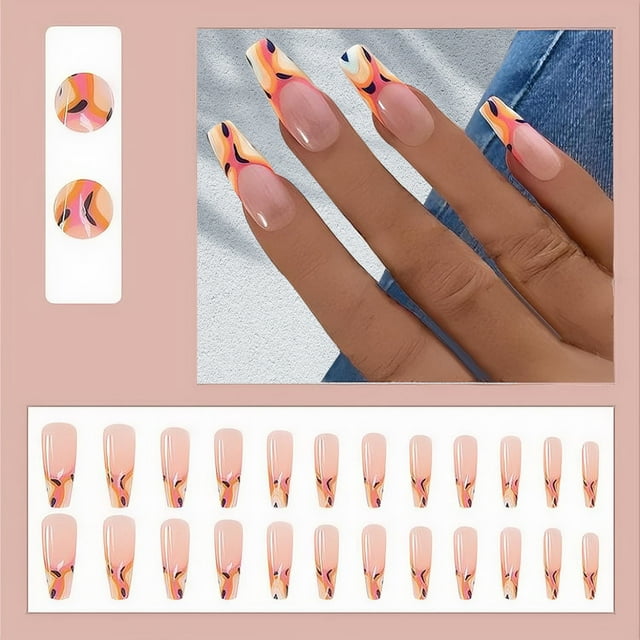 Fiudx Uñas Postizas de Longitud Media, 24 Tabletas con Diseño, Set de Uñas Adhesivas para Mujer (1 Ml)