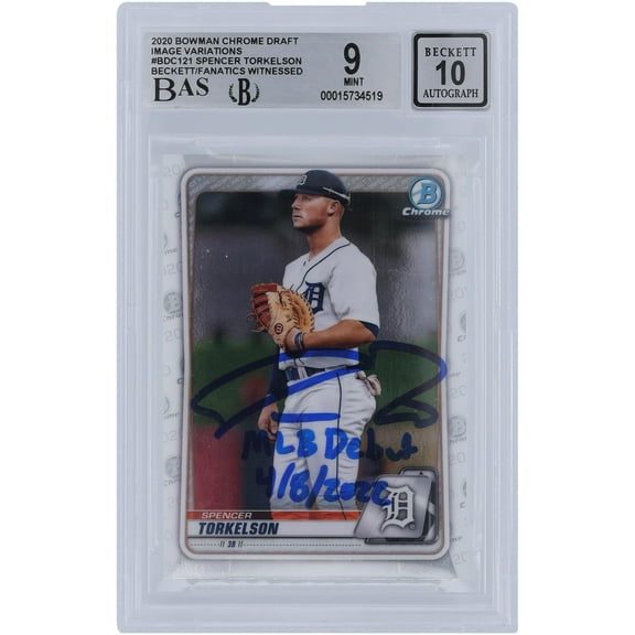 Spencer Torkelson Detroit Tigers Autographed 2020 Bowman Chrome Draft Image Variation #BDC-121 Beckett Fanatics Witnessed Authenticated 9/10 Rookie Card with "MLB Debut 4/8/2022" Inscription -