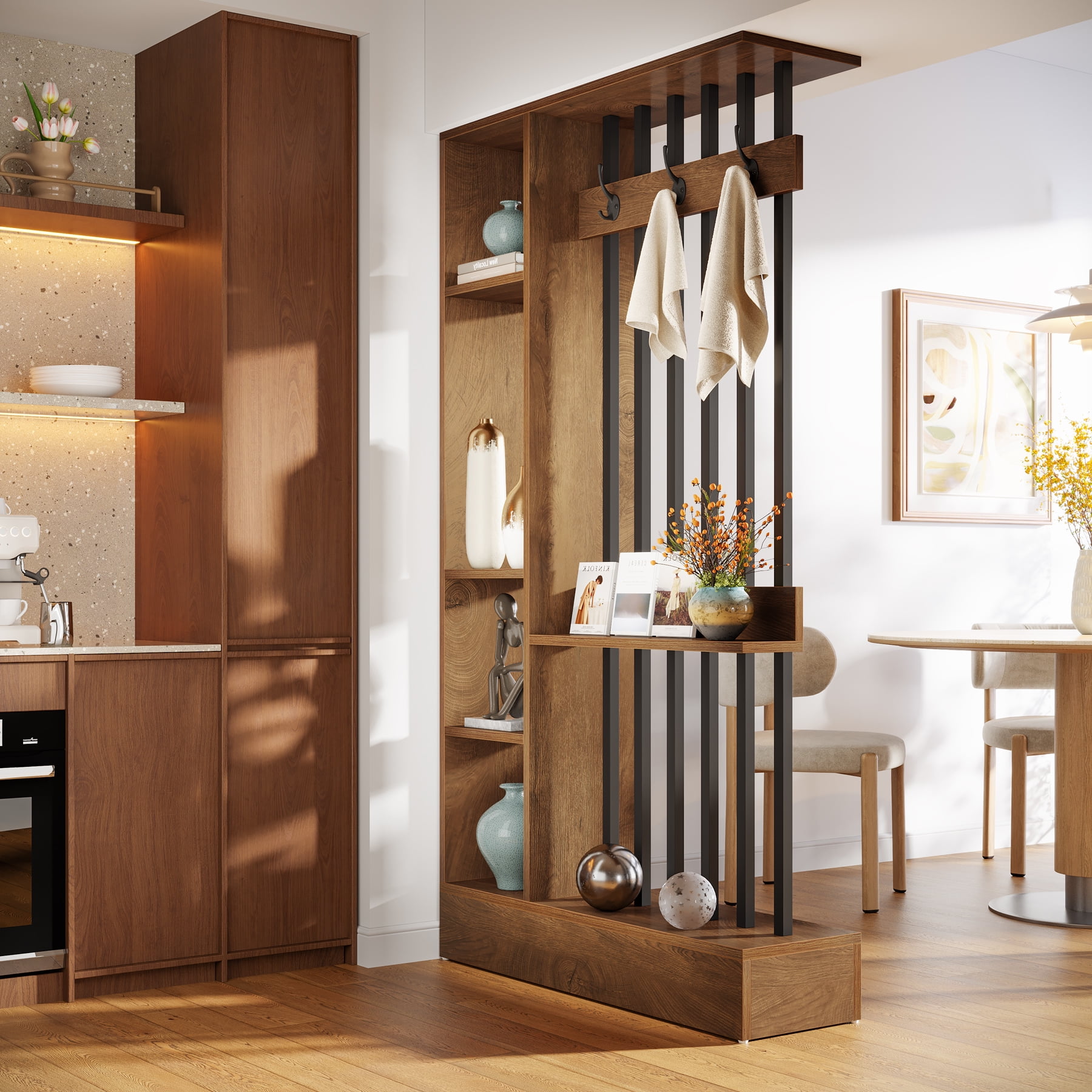 Finmind 71-inch Wall Room Divider, Freestanding Wood Room Divider Bookcase with Shelves & Coat Hooks, Industrial Wall Partition for Living Room, Brown