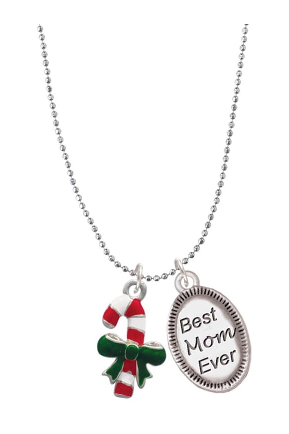 Silvertone Candy Cane with Green Bow Best Mom Ever Charm Necklace