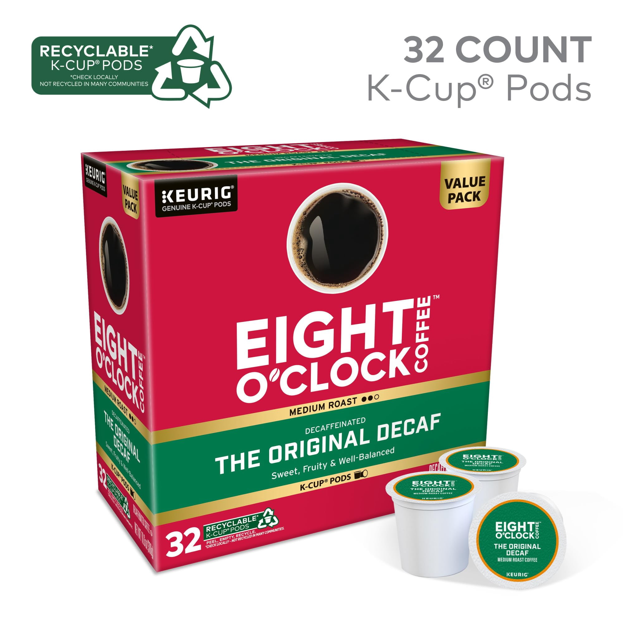Eight O'Clock Coffee The Original Decaf, SMRSingle-Serve Keurig K-Cup Pods, Medium Roast Coffee Pods, 1 Count (Pack of 32)