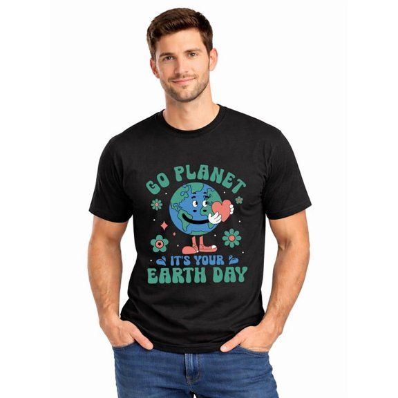Graphic Short Sleeve T-Shirt for Men Loose Fit Crewneck with Go Planet Earth Day Cotton Fabric on Black Fabric Valentine Theme