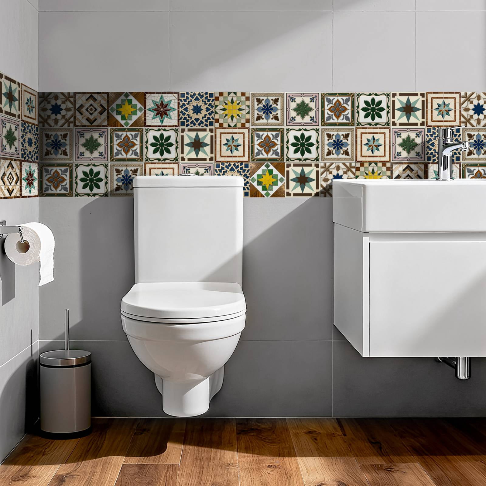 24PCS Mediterranean Style Peel and Stick Wall Tile Decals - 6"x6" Vintage Waterproof Vinyl Moroccan Bohemian Stickers for Kitchen Backsplash, Bathroom, Stair Riser Decor