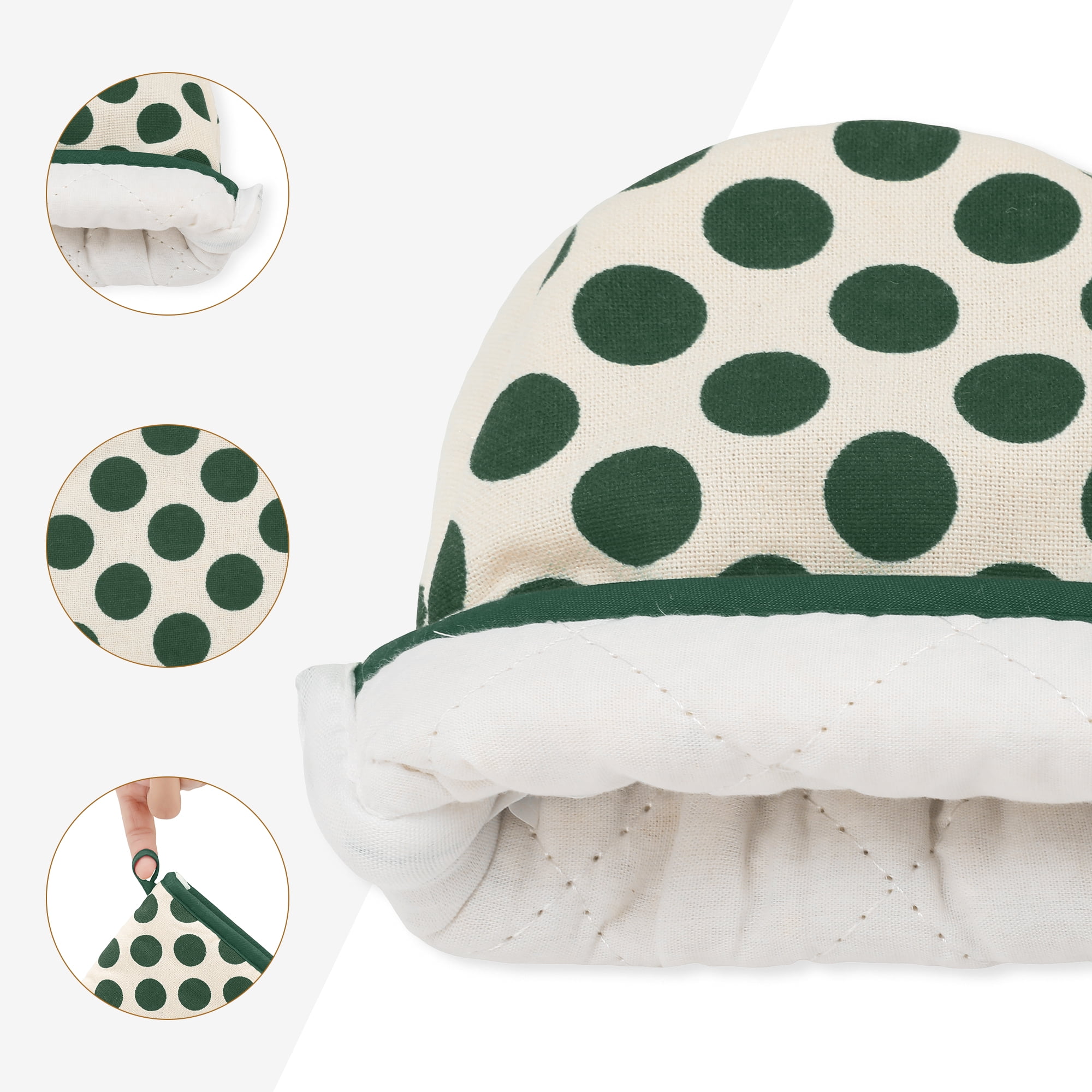Unique Bargains Oven Mitts Heat Resistant Cooking Gloves Green Polka Dots 7.1x5.5inch