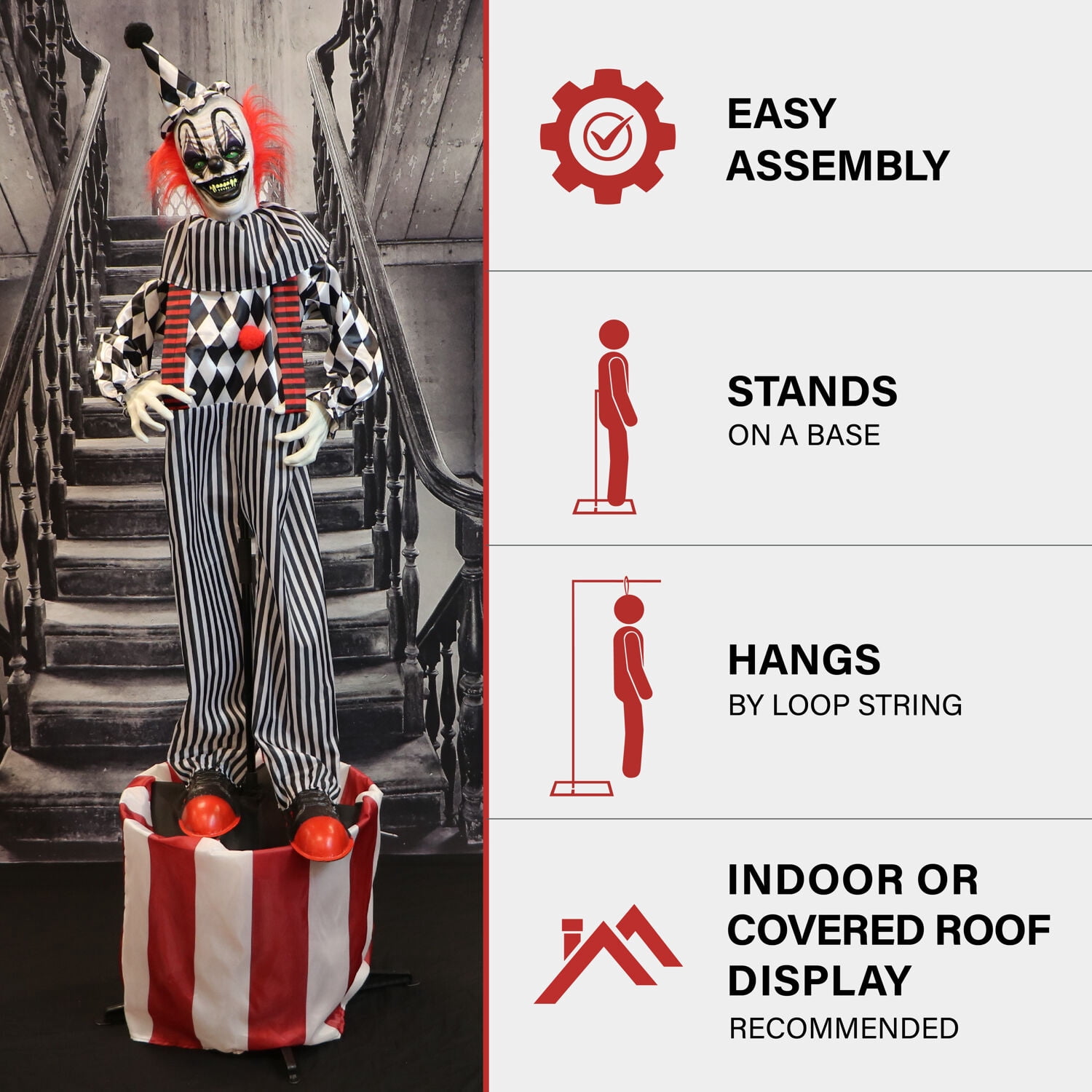 Haunted Hill Farm 6 ft Animatronic Talking Clown on a Stage with Movement and Light-Up Eyes for Scary Halloween Decoration, HHCLOWN-31FLSA