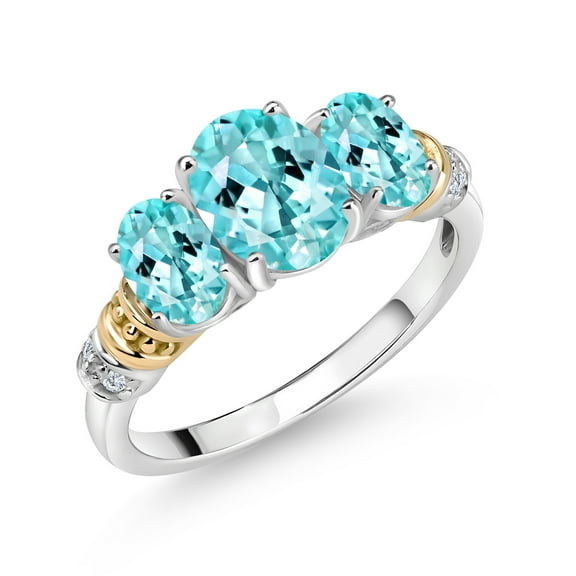 Gem Stone King 925 Sterling Silver and 10K Yellow Gold Oval Blue Apatite and White Diamond 3 Stone Ring for Women (2.28 Cttw, Gemstone Birthstone, Size 5)