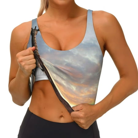 Qokaie Elephant Giraffe Pattern Womens Scoop Neck Sports Bra Breathable Workout Vest Padded U Back Medium Impact Fitness Gym Yoga Bra Workout Crop Top