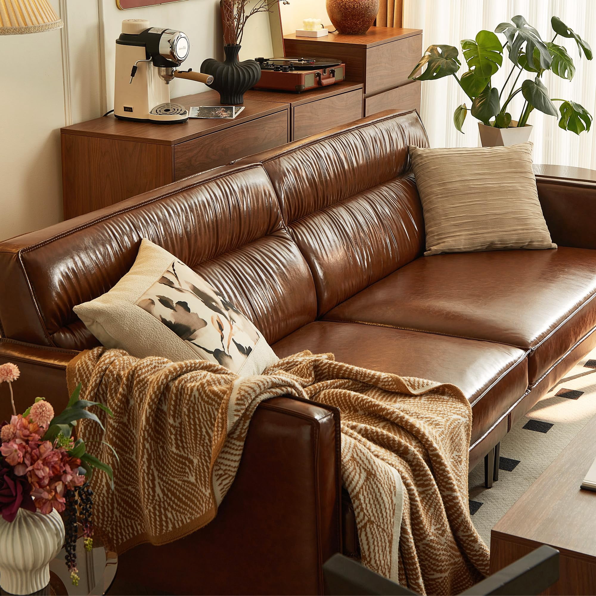 NessCarsti Furniture Modern Living 3-Seater Leather Sofa with Removable Cushions, Brown