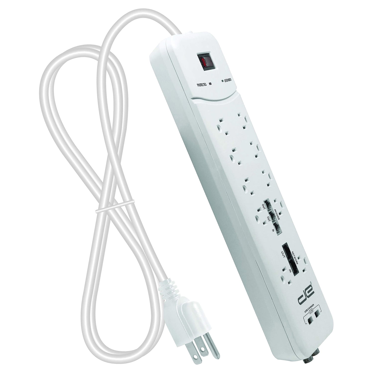 Digital Energy 15-Foot Long Extension Cord, 3500 Joules, 10-Outlet Surge Protector Power Strip, Two Usb Charging Ports, Coaxial and Phone Protection, Etl Listed