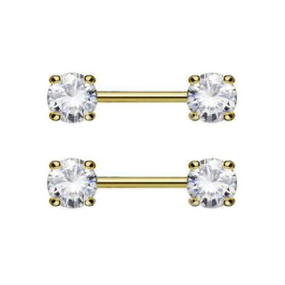 Surgical Steel Nipple Ring Barbell 14 Gauge Gold IP  CZ Gems Set