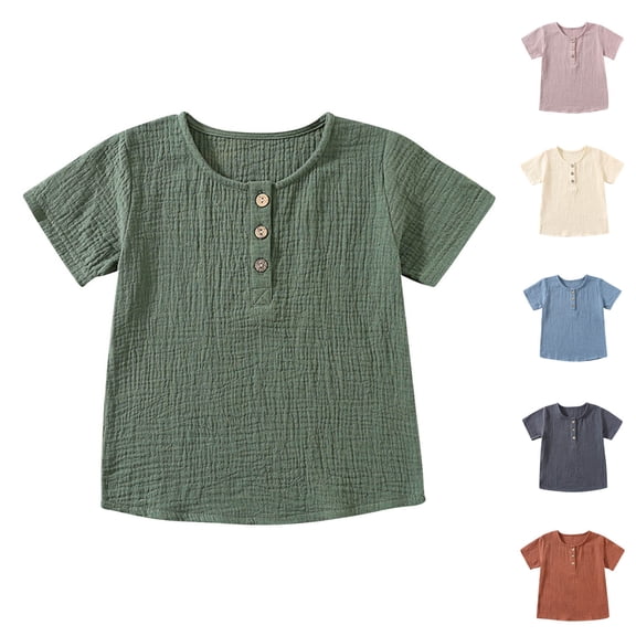Agkizg Girls Short Sleeve T-Shirt,Girls Summer Casual Blouse,Girls Smocked Cotton Poplin Top Short Sleeve Button Detail Round Neck Blouse Sweet Ruffle Trimed Casual Shirt