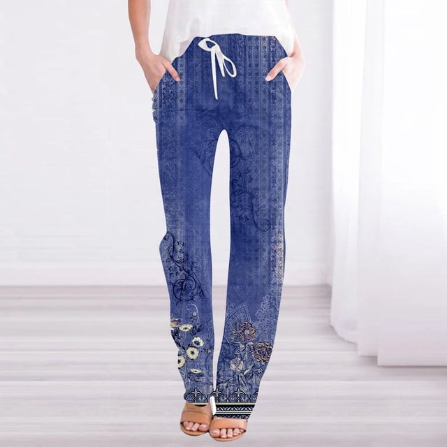 WILLBEST Pantalones Casuales elegantes para Mujer: Pantalones Ligeros de Lino con Cintura Alta y Estampado Bohemio con Bolsillos para Playa y Uso Diario. XXXL