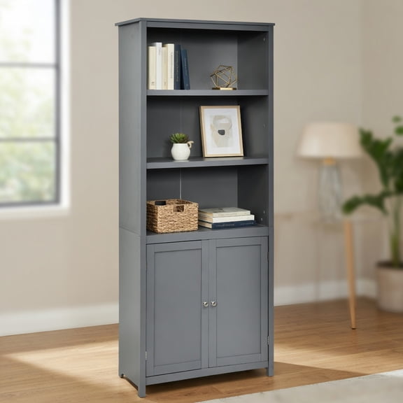 Topcobe Bookcase Shelving Storage Wooden Cabinet Unit Standing Display Bookcase with Doors, Tall Bookshelf Modern Book Case for Books, CDs, Movies, Gray