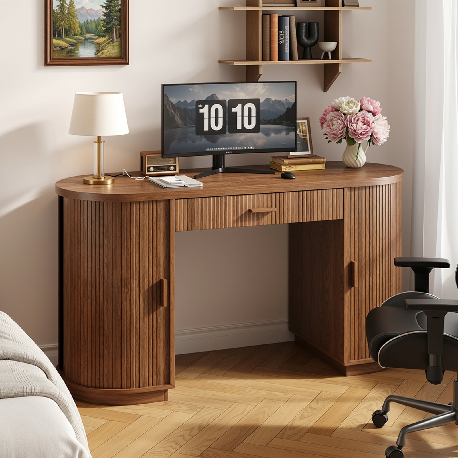 58 inch Home Office Desk with Charging Station, Fluted Executive Computer Desk with Drawers and Storage Cabinet, Large Wood Writing Table for Study, Living Room, Bedroom Workstation,Elegant Walnut