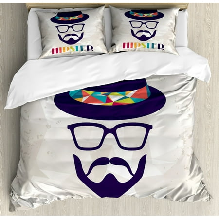 Hipster King Size Duvet Cover Set Abstract Man In A Hat Portrait