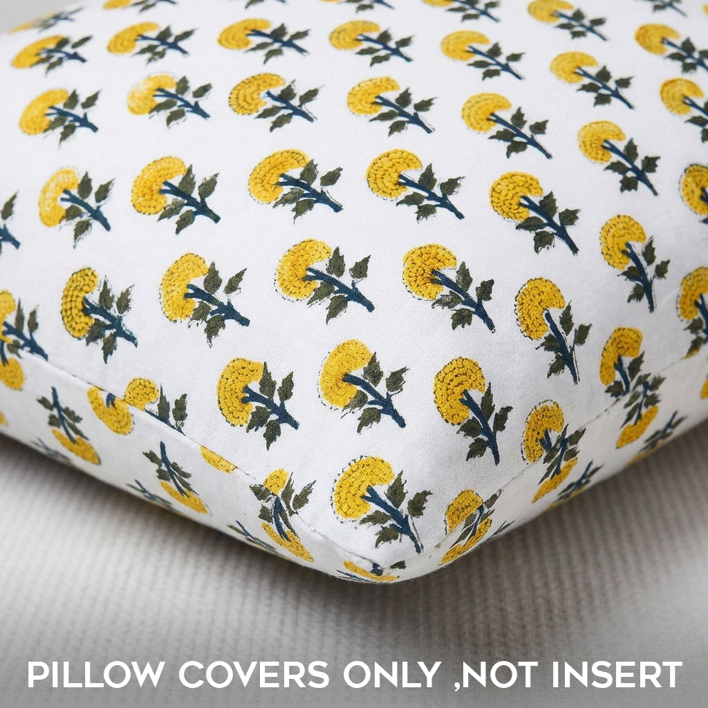 SHOPCREW Hand Block Printed Cotton Cushion Covers with Zipper Closure, Decorative Throw Pillow Covers for Sofa Couch Bed, 18x18 Inches, Pack of 2 - Golden Marigold Muse
