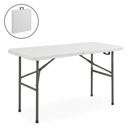 Best Choice Products 4ft Indoor Outdoor Portable Folding Plastic Dining Table for Backyard, Picnic, Party, Camp w/ Handle, Lock, Non-Slip Rubber Feet, Steel
