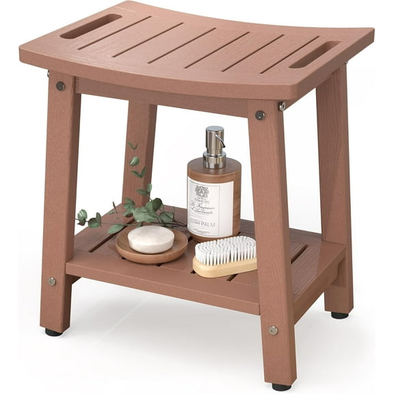 Shower Bench for Inside Shower, Teak-Color HDPE Shower Stool Waterproof, Spa Bathroom Seat Chair with Handle, Storage Shelf & Adjustable Feet - Indoor/Outdoor, Weather Resistant