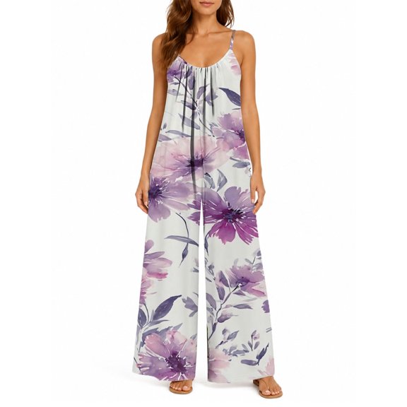 Women'S Casual Light Purple Floral Romper Spaghetti Strap Wide Leg Jumpsuit Summer Outfits With Pockets