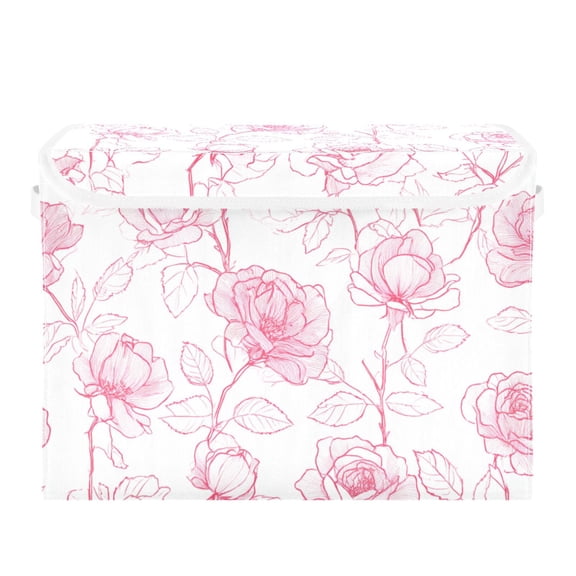 Pink Outline Roses Valentine Foldable Storage Bins with Lids Handles Collapsible Storage Containers Tote Boxes 16.5 x 12.6 x 11.8 inches