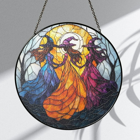 New Witch Trio Stained Glass Suncatcher, Fairy Window Decor, Wiccan Witchy Gift, Pagan Home Art Panel, Mystical Moon Wall Hanging, Magic Decor