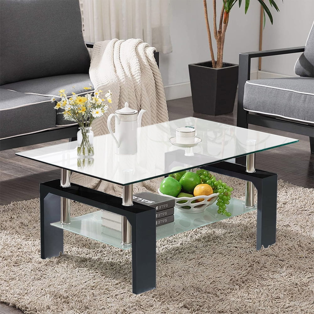 2Tier Glass Coffee Table, Rectangle Open Shelf Coffee Accent Table, Living Room Table with