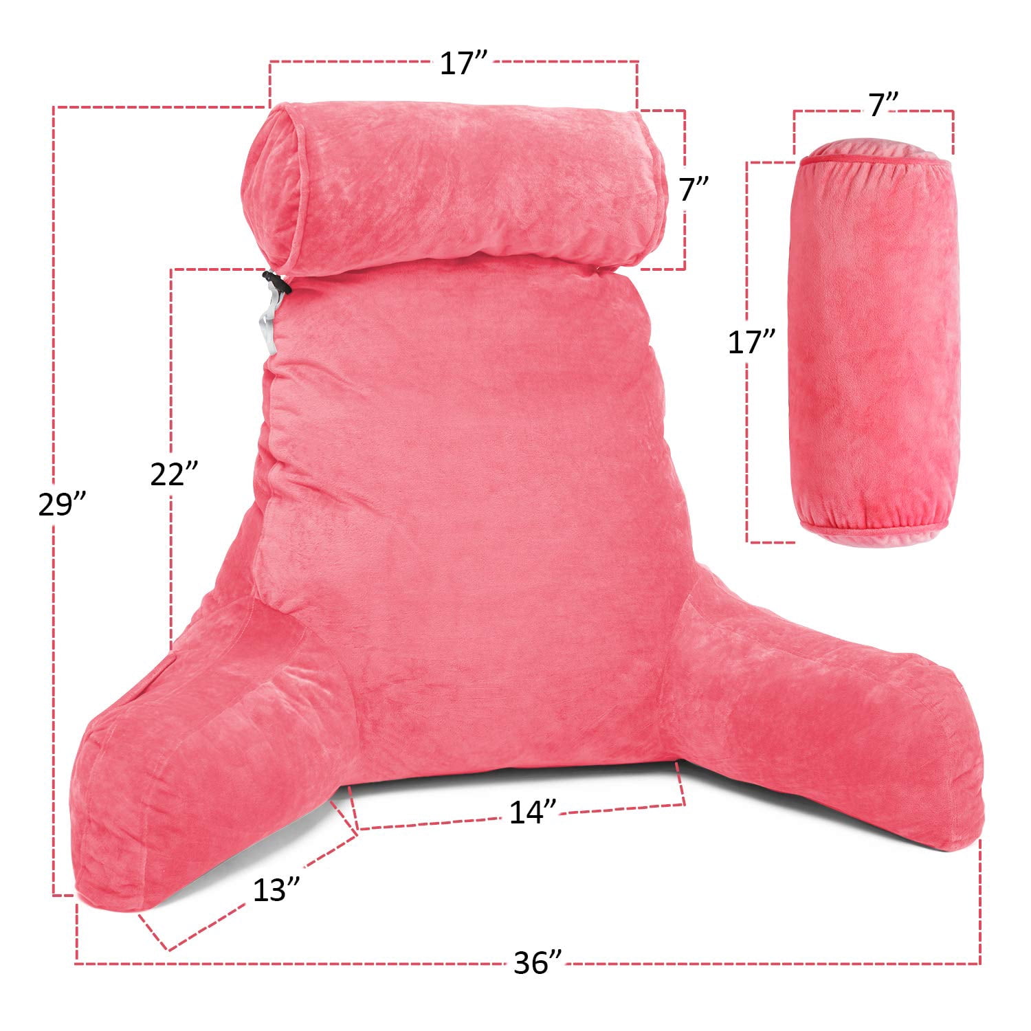 Clara Clark Bed Rest Reading Pillow with Arms and Pockets- Premium Memory Foam Pillow, Large, Pink