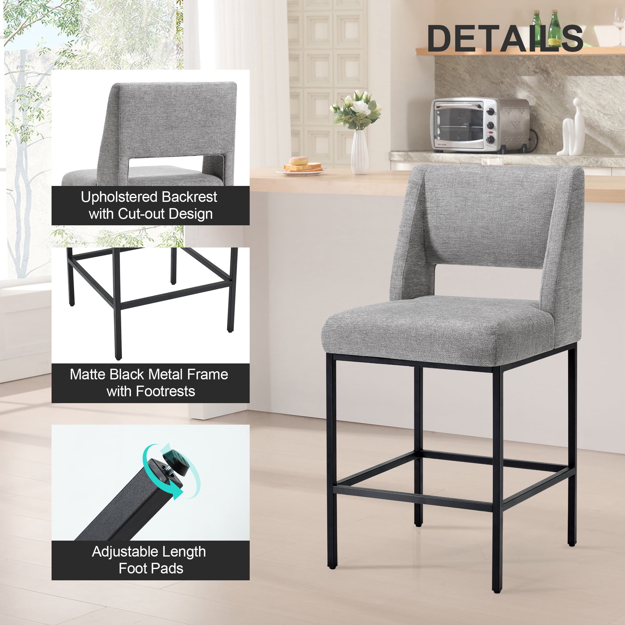 Zesthouse 26.4" Modern Counter Stools Set of 4, Linen Fabric Bar Stools with Back and Metal Legs, Extra Thick Upholstered Counter Height Chairs for Kitchen Island, Gray
