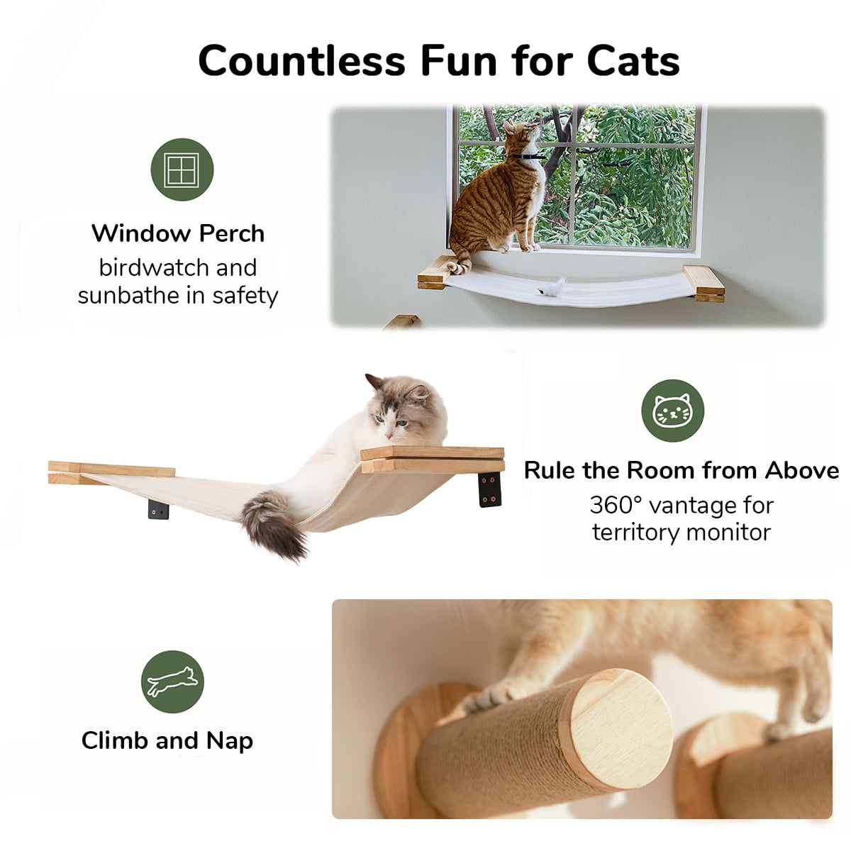FUKUMARU Cat Hammock, 34 IN Cat Window Perch Wall-Mounted, Solid Wood, Beige