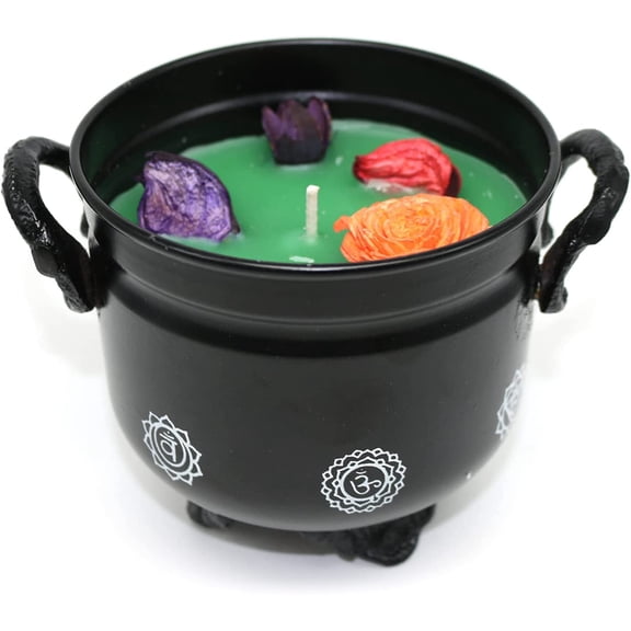 Soul Sticks 4" Metal Cauldron Amber Patchouli Scented Candle with Dried Flowers with Handle Reusable for Spells, Smudging, Rituals & Blessings