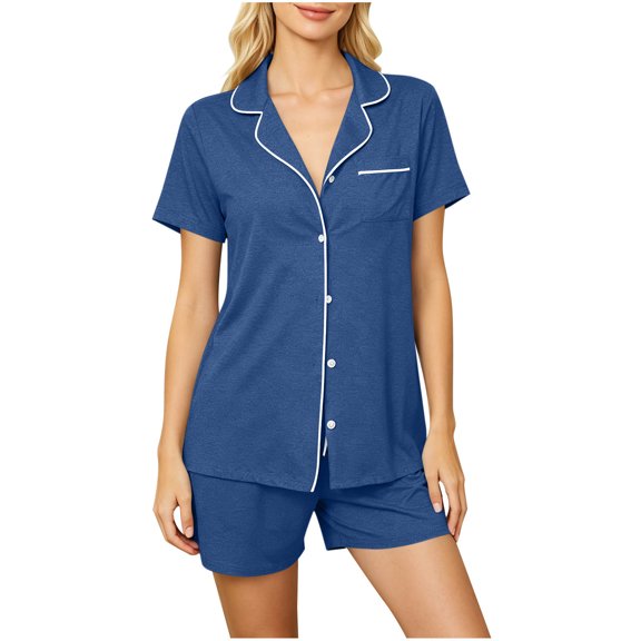 Akmaiox Pajamas Sets for Women,2 Piece Short Sleeve Button Down Sleepwear Shirts Pockets and Drawstring Shorts,Casual Loose Soft Home Lounge Sets,S-2XL