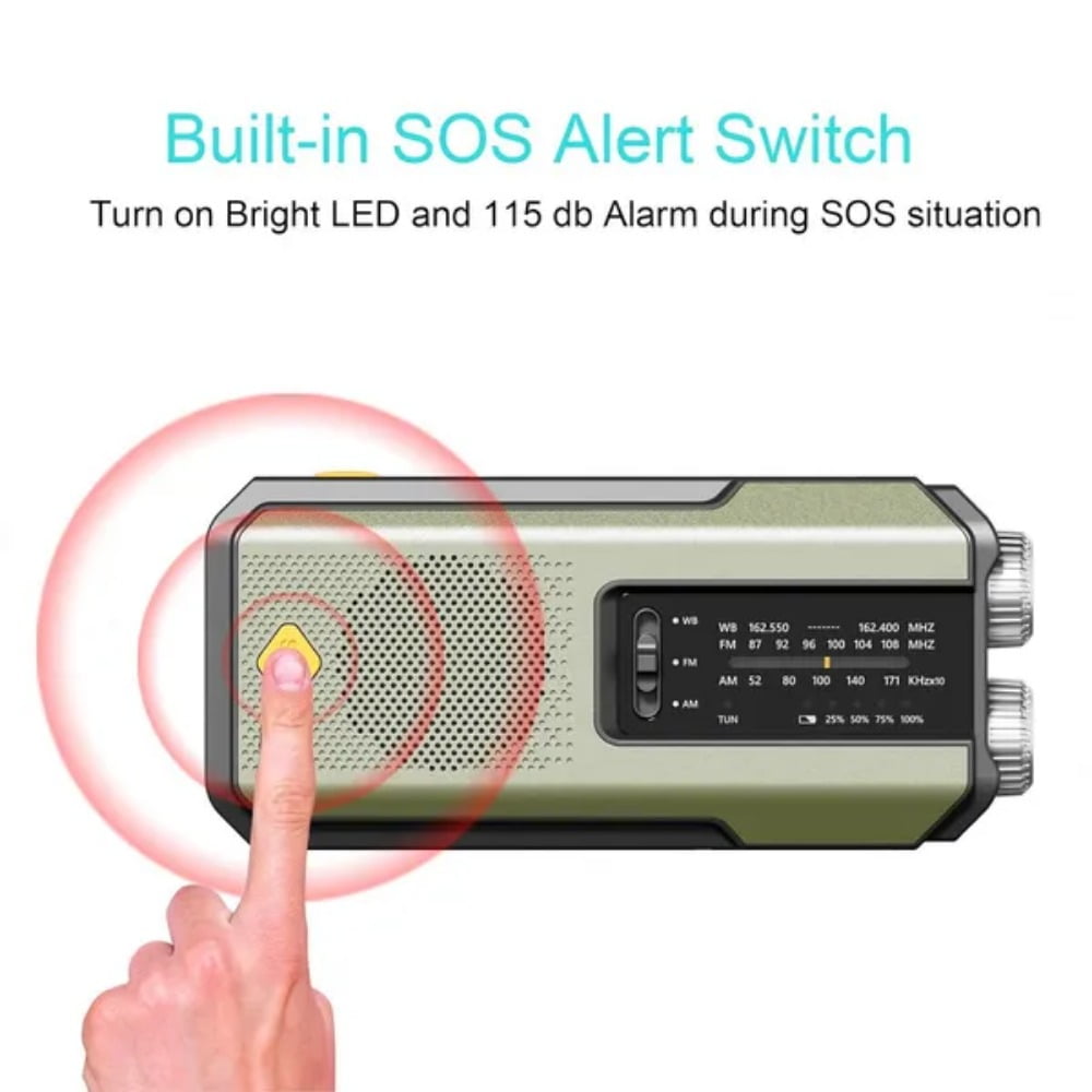 Emergency Multi-Function Weather Radio - FM/AM/WB Radio with Hand Crank, Solar Charging and USB Power Bank - 2000mAh Battery Capacity - Includes LED Flashlight and Portable Power Bank