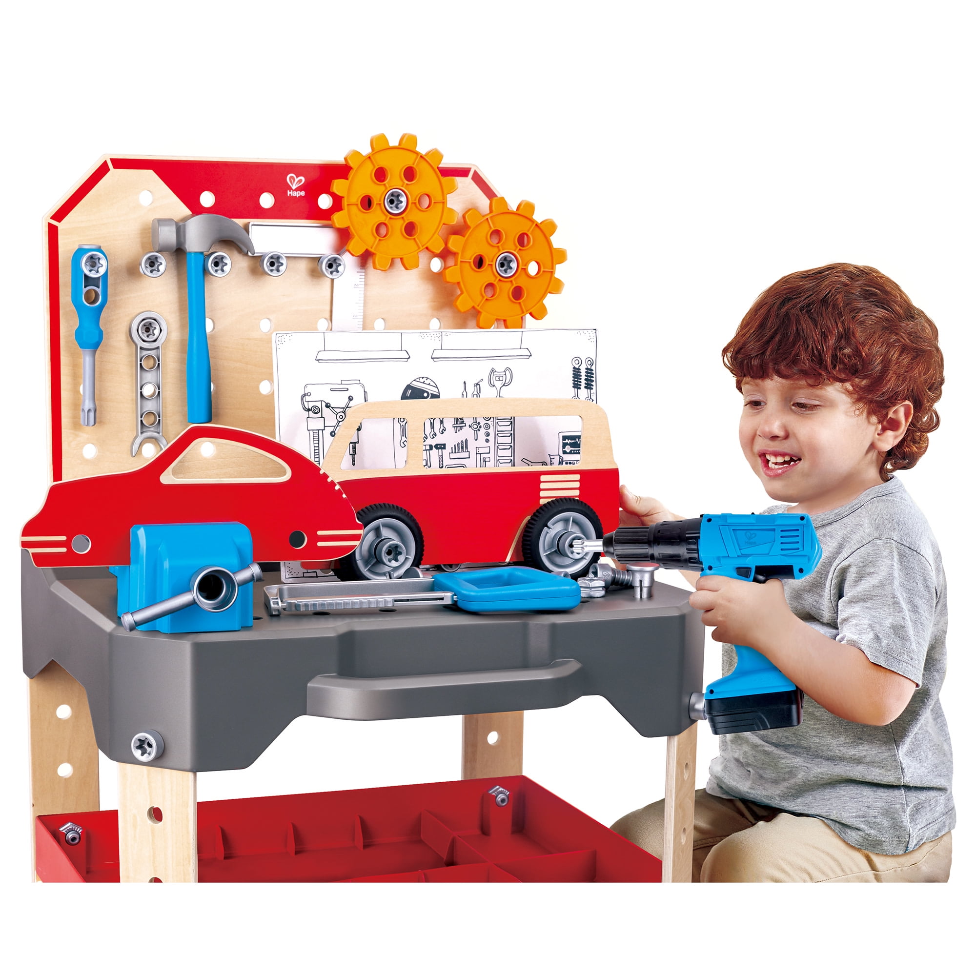 Hape: Junior Inventor: Vehicle Service & Repair Workbench - 71pc, Wooden Toy Tool Station, Battery Powered Electric Drill, STEM Playset, Kids Ages 3+