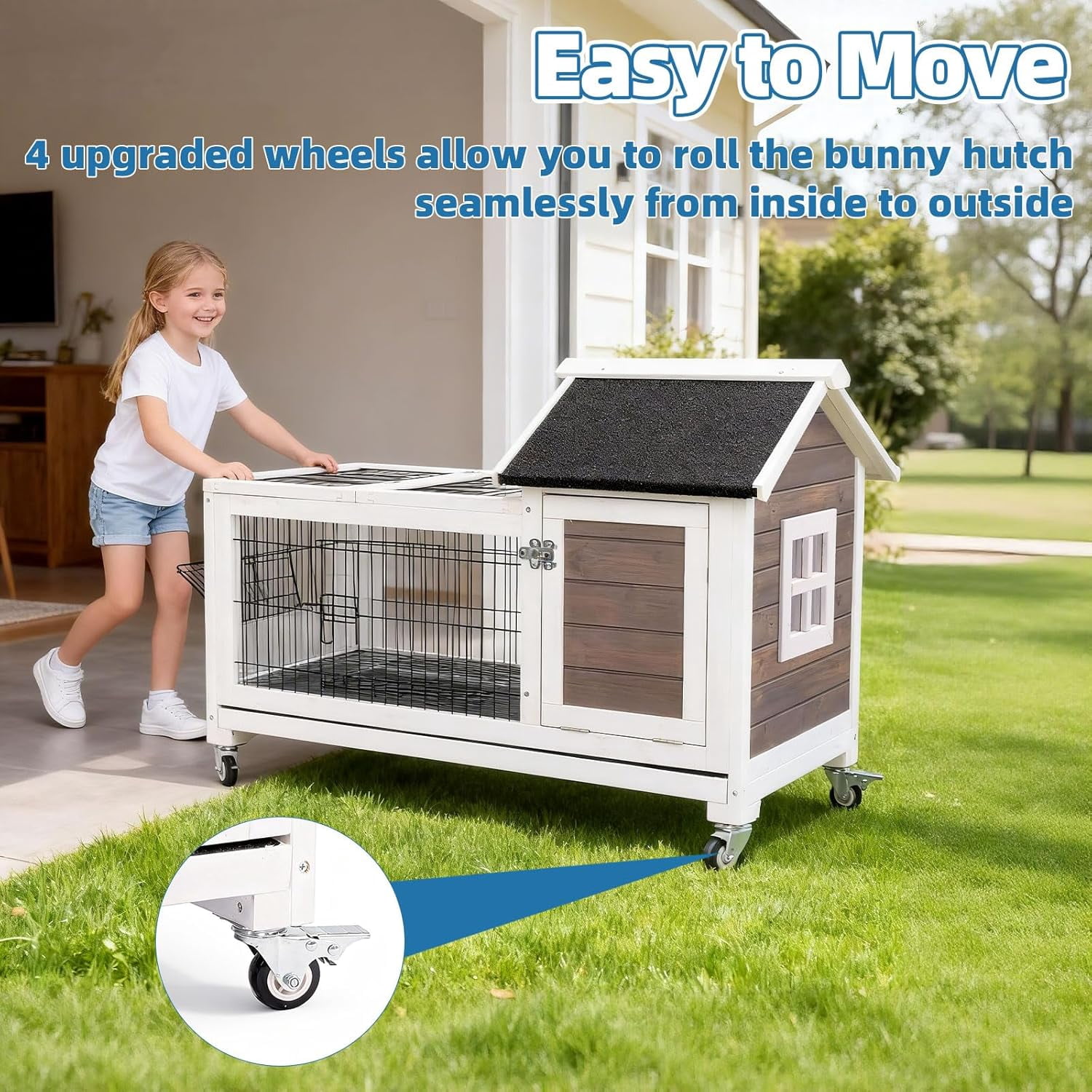 Rabbit Hutch Wooden Bunny Cage Rabbit Cage Outdoor Indoor Bunny Hutch Rabbit House on Wheels Small Animal Cage with 3 Urine Baffles