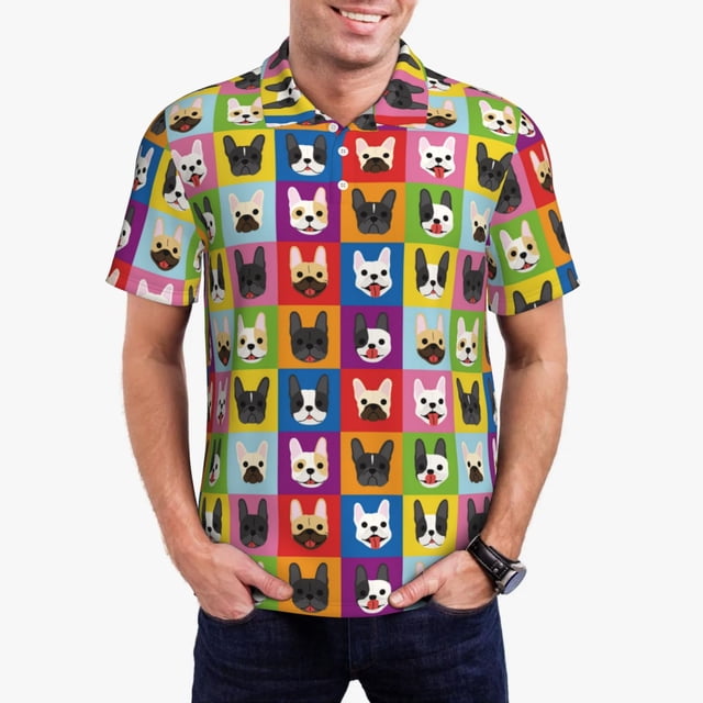 Fotbe Colorful Bulldog Camiseta Polo de Golf para Hombre con Estampado – Camisa Deportiva Transpirable con Cuello Abotonado-Large
