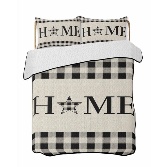Quilts Queen Size Bedding Set, HOME Lightweight Quilted Comforter, Farmhouse White Black Checkered Country Vintage Plaid Reversible Bedspread Coverlet with Pillow Covers for All Season, 90" x 96"