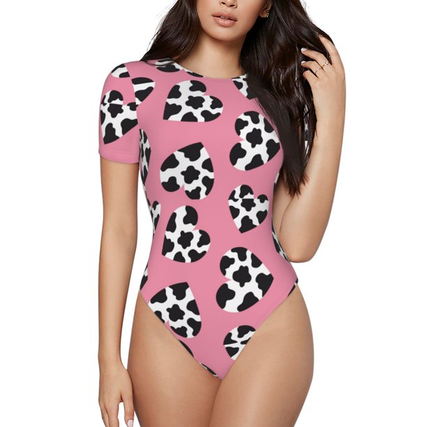 Fotbe heart with cow Body de Mujer con Cuello Redondo y Mangas Cortas, Sin Mangas Ajustado, Suave, Cómodo y Básico-Medium
