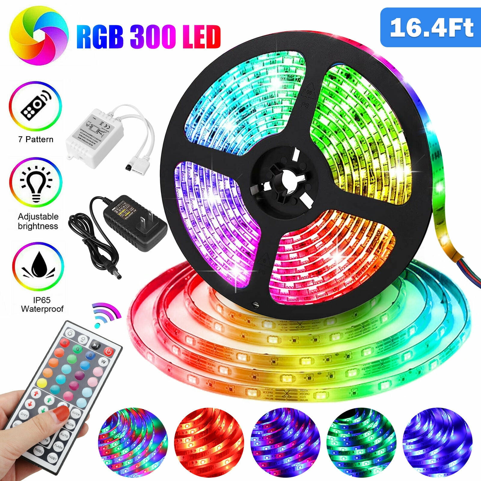 -RGB Color Flexible 16.4ft 5M 300leds 3528 SMD LED Strip Light IP65 Waterproof 
