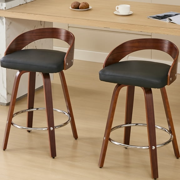 GAKMCIL 25" Mid-Century Modern PU Leather Upholstered Bar Stools, Low Back Wood Bar Chairs with 360-Degree Swivel, Walnut Color Coating, for Kitchen, Dining Room, Pub, Cafe (set of 2, Black)