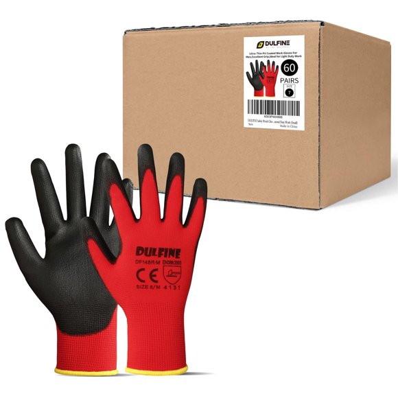 Dulfine Guantes De Trabajo De Seguridad Recubiertos De Pu, 60 Pares De Guantes De Punto Rojos Sin Costuras Con Agarre Suave Recubierto De Poliuretano En La Palma Y Los Dedos Para Hombres Y Mujeres, Id