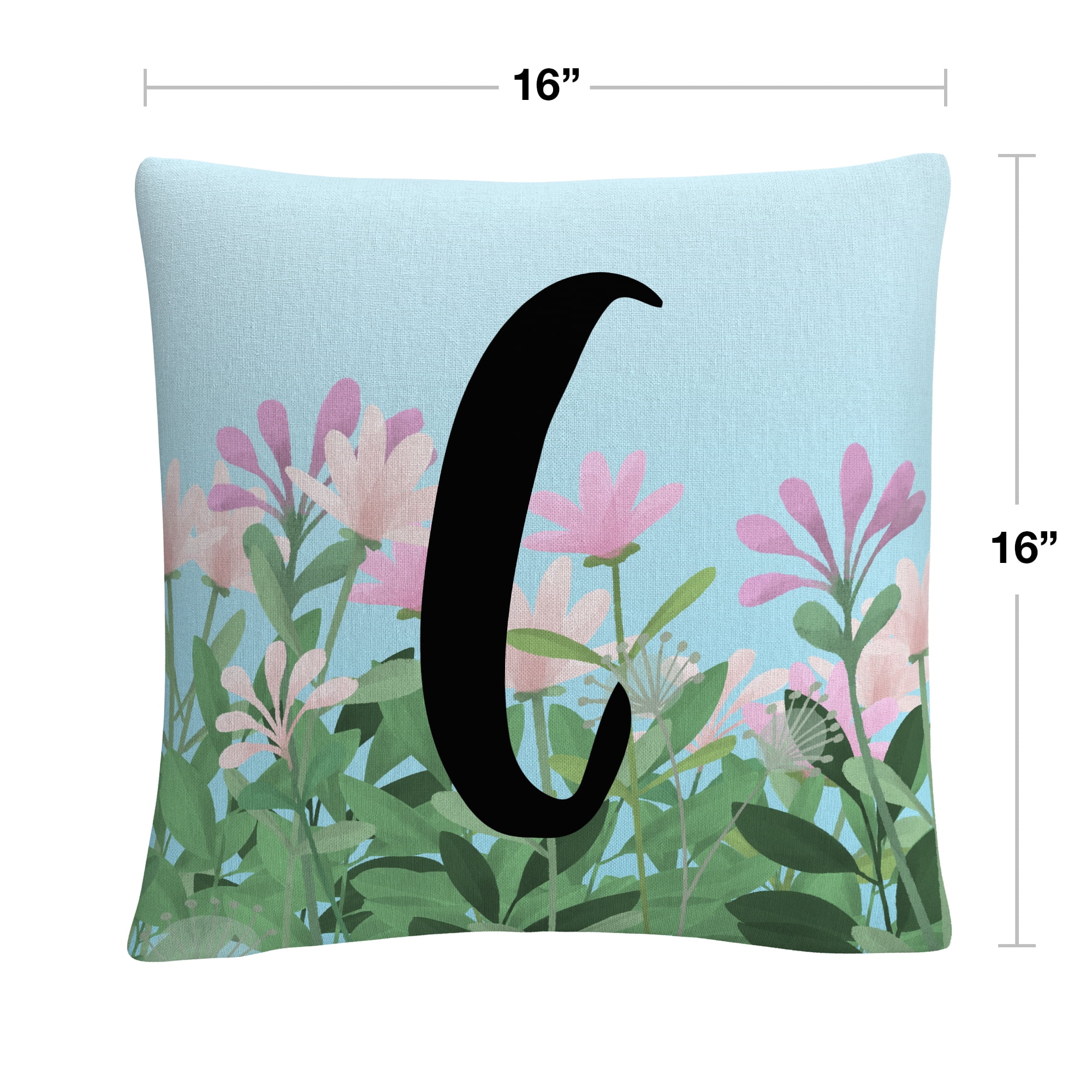 Pink Floral Garden Letter Illustration C By Abc 16 X 16 Decorative Throw Pillow