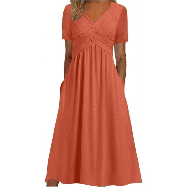 Robes de Printemps pour Femmes Décontractées Manches 3/4 Longue Robe Évasée Basique Plage Vacances Travail Maxi Robe 2025
